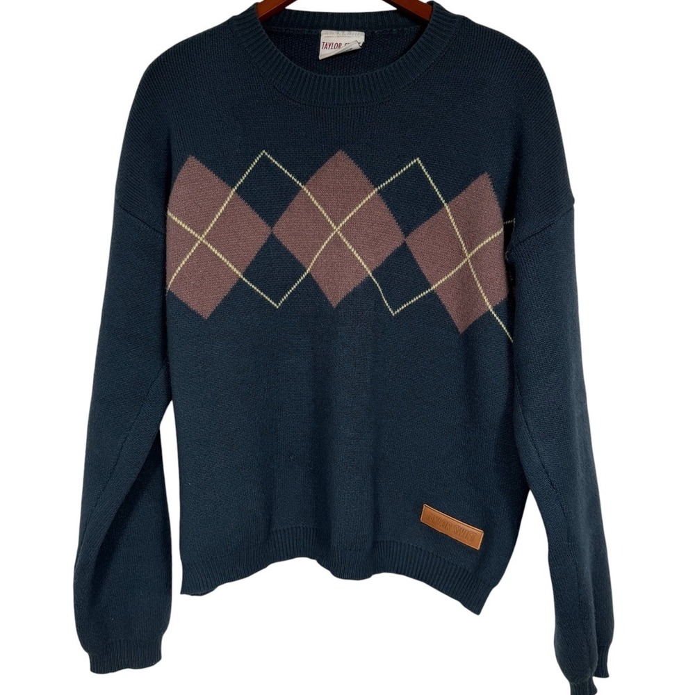 Taylor Swift Official Argyle Sweater Navy Blue Mauve Knit Pullover Large